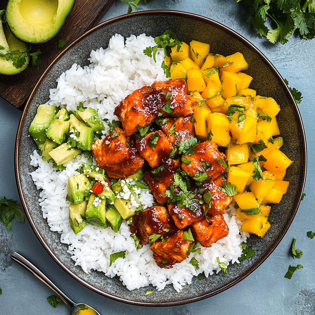 Recipe preparation for bbq salmon bowls with mango-avocado salsa