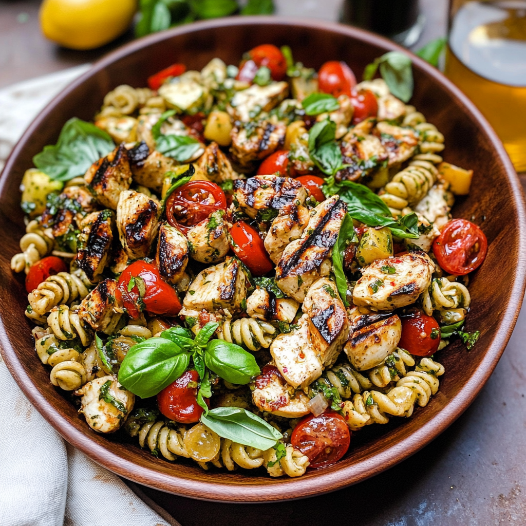 Recipe preparation for chicken caprese pasta salad