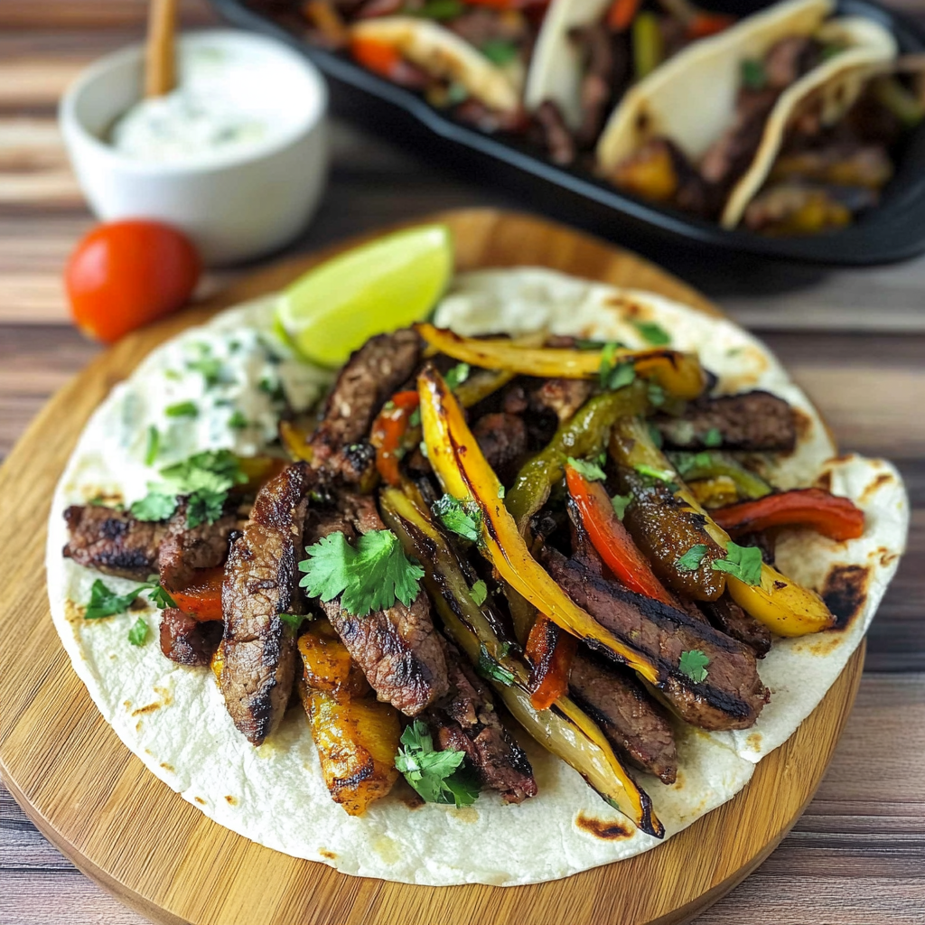 Recipe preparation for steak fajitas on blackstone