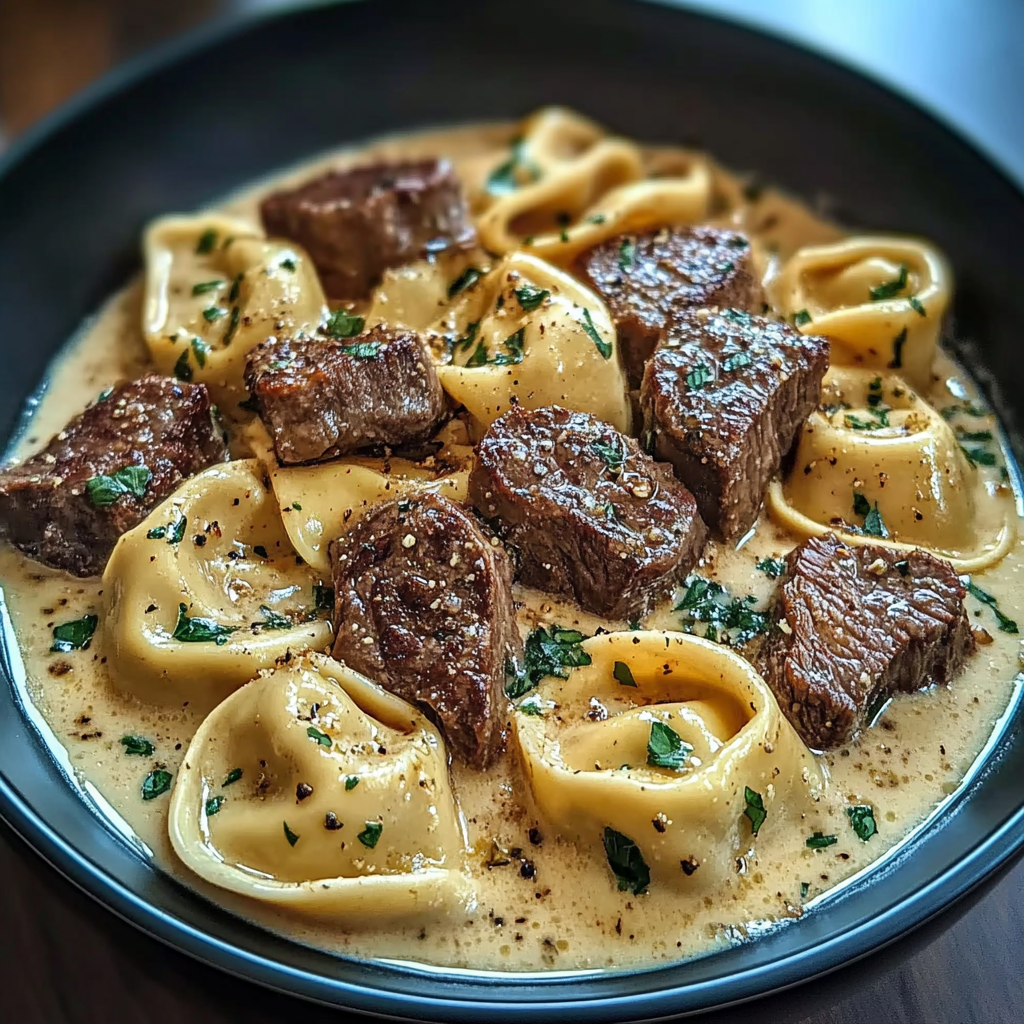 Recipe preparation for Garlic Steak Tortellini