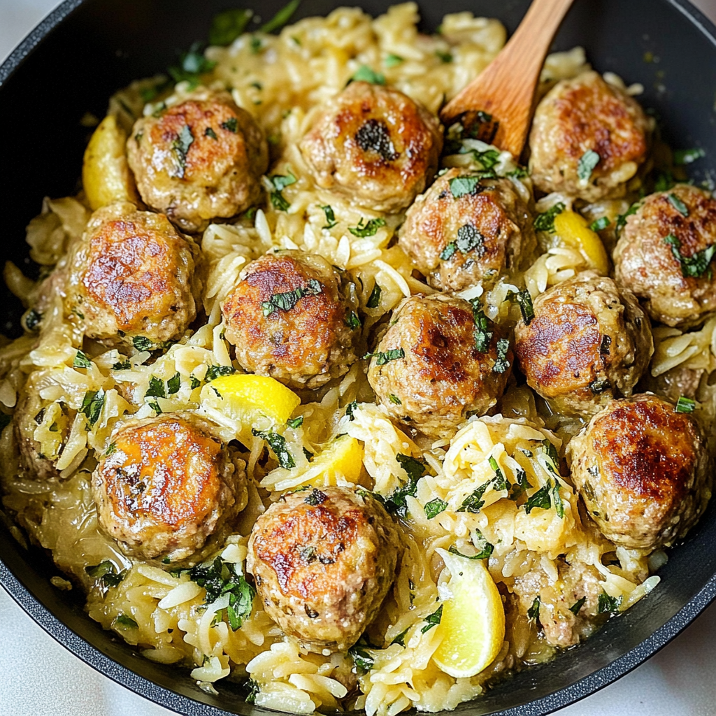 Recipe preparation for chicken piccata meatballs with orzo