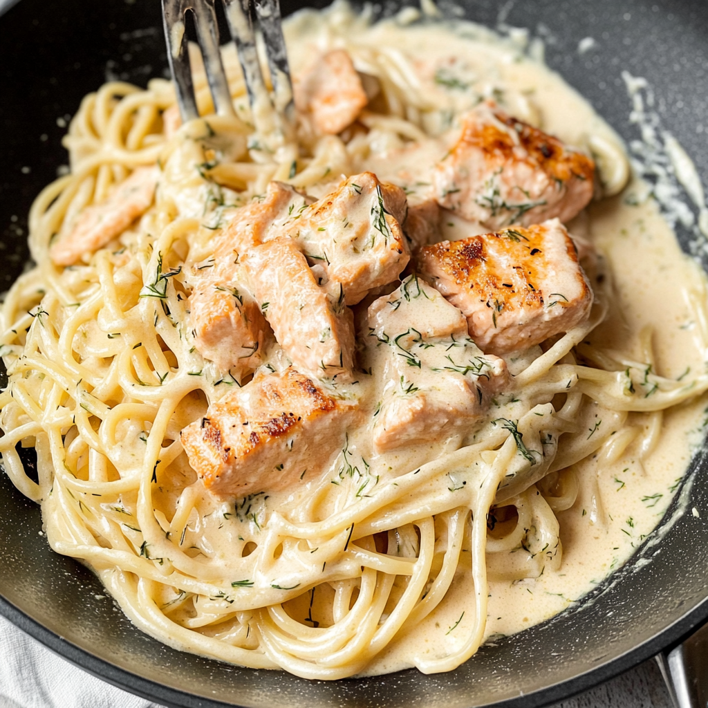 Recipe preparation for lemon dill salmon pasta