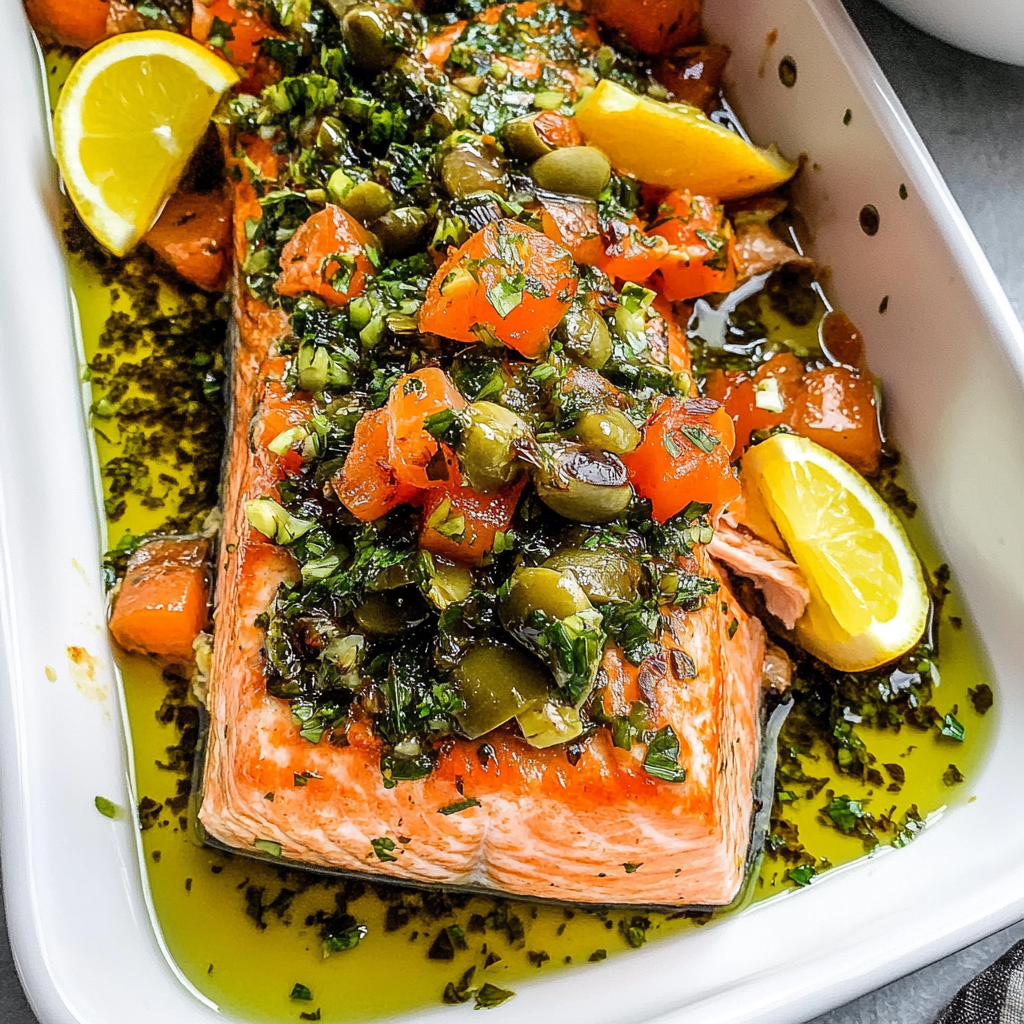 Recipe preparation for olive-citrus slow roasted salmon
