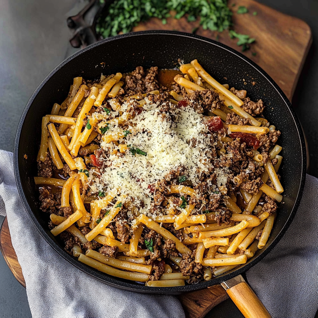 Recipe preparation for one pot beef and garlic pasta