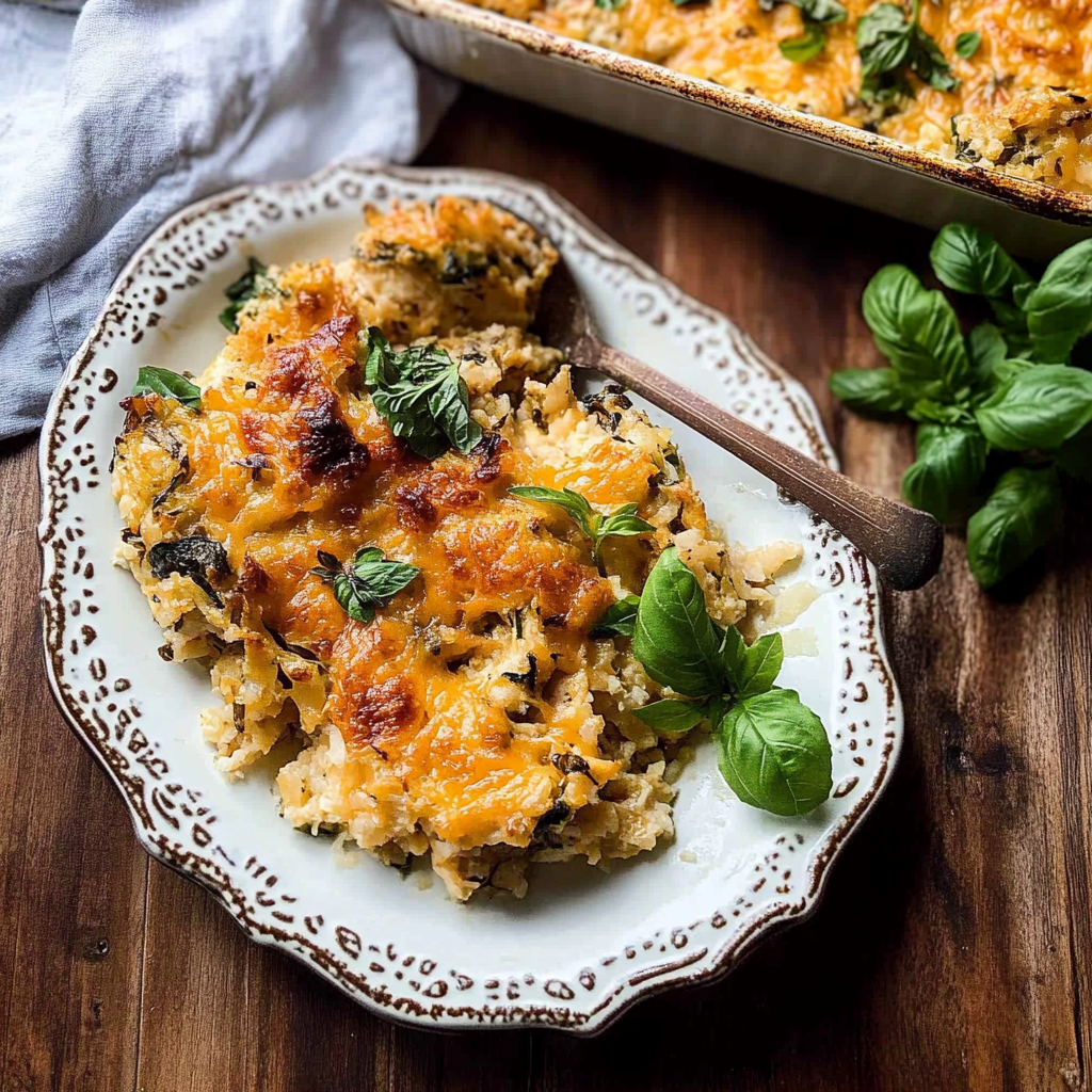Recipe preparation for cheesy zucchini chicken and rice bake.