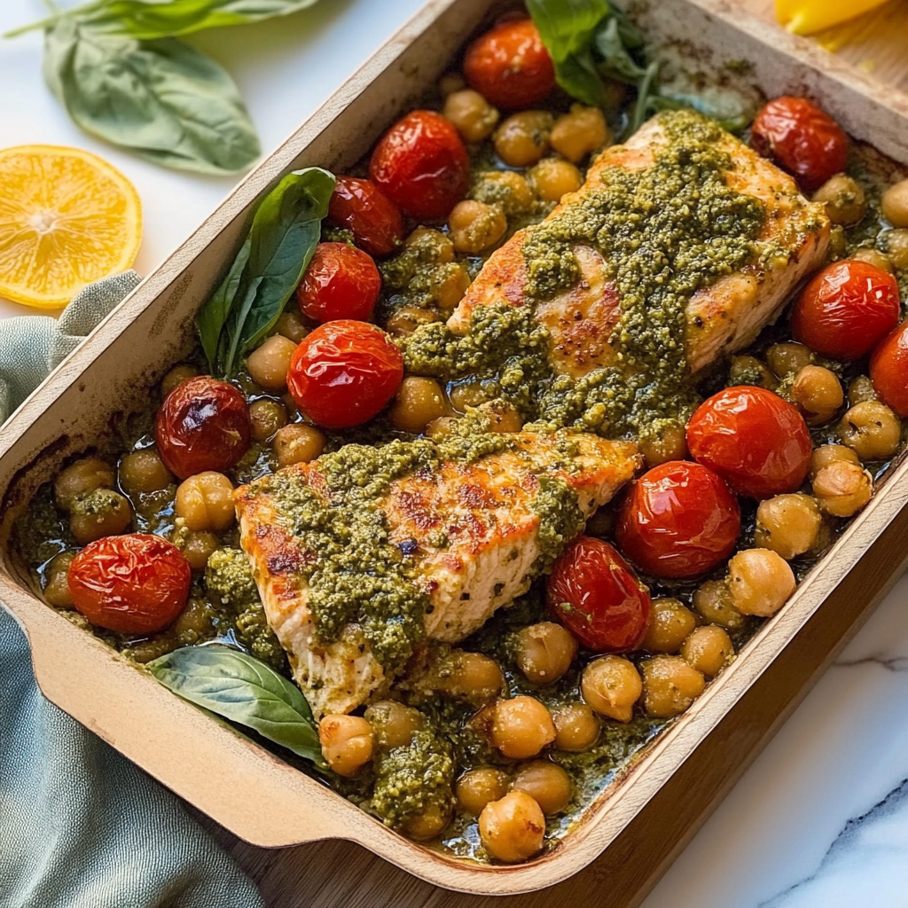 Recipe preparation for pesto salmon chickpea bowls