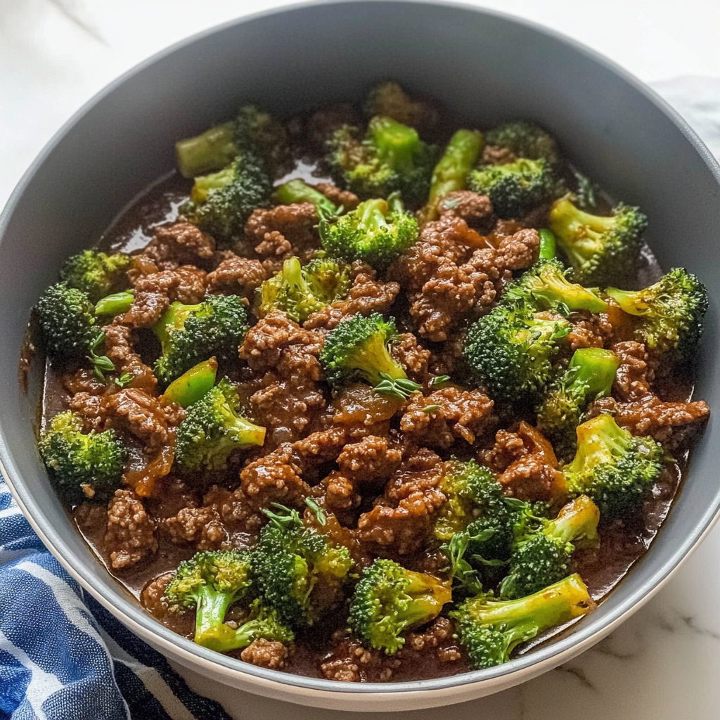 Recipe preparation for ground beef and broccoli