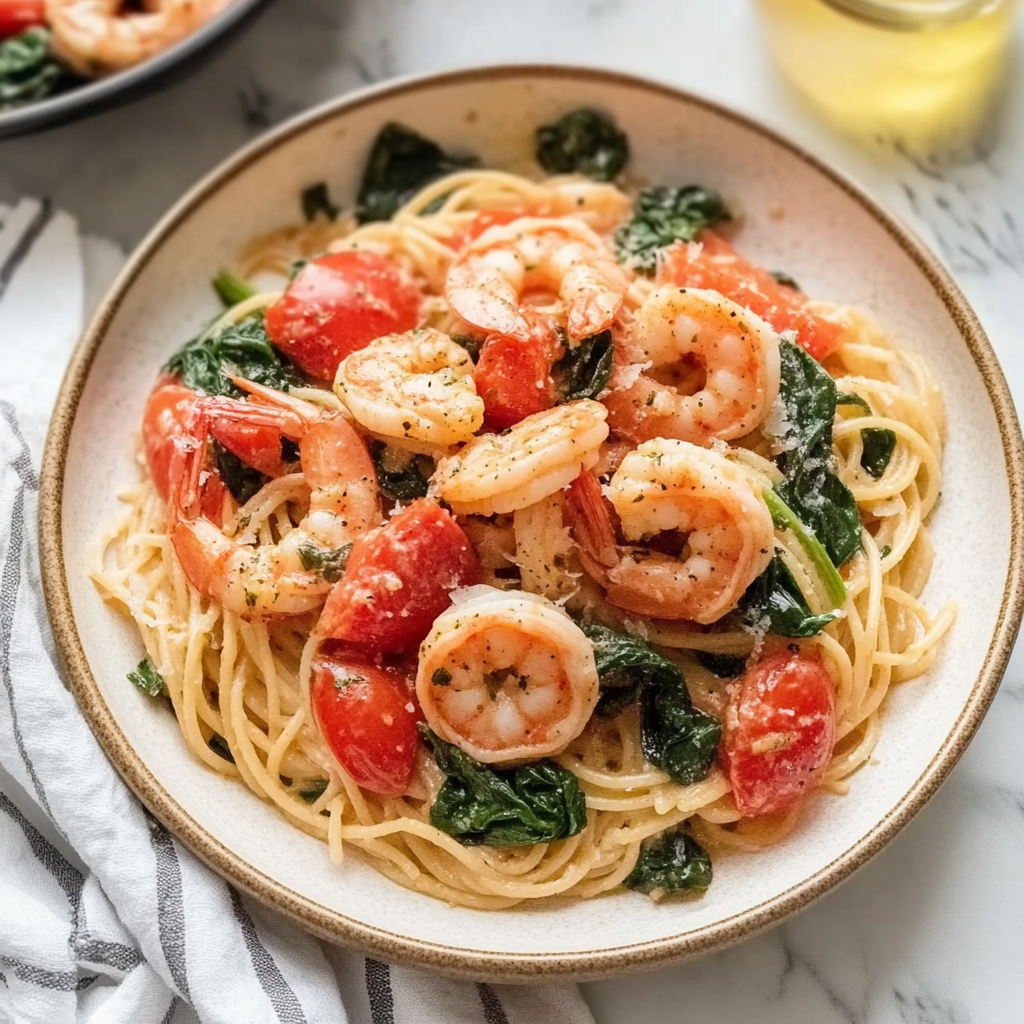 Recipe preparation for tomato spinach shrimp pasta