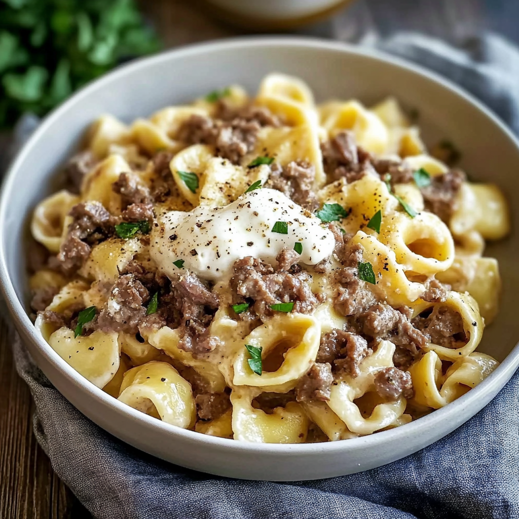 Recipe preparation for Philly Cheesesteak Tortellini Pasta