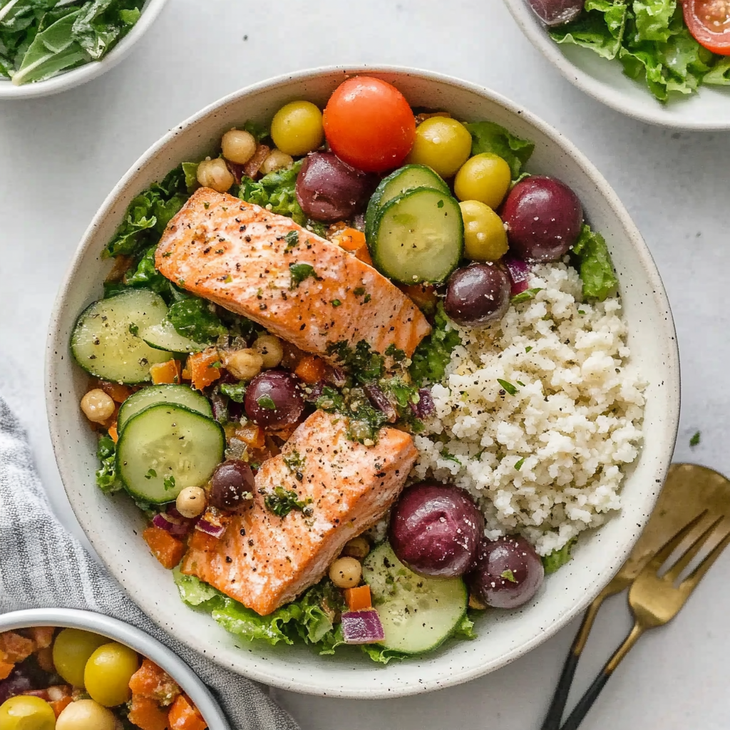 Recipe preparation for greek salmon grain bowls