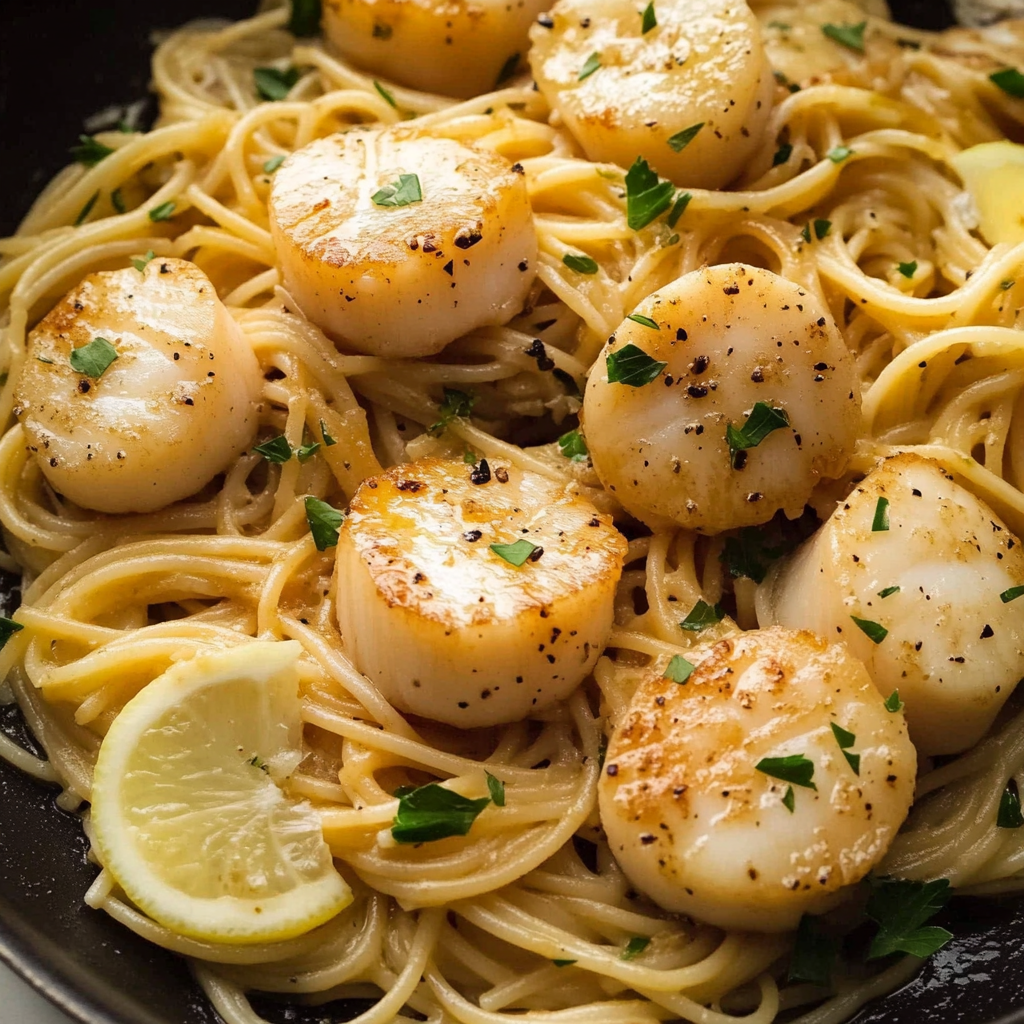 Recipe preparation for quick scallops with pasta