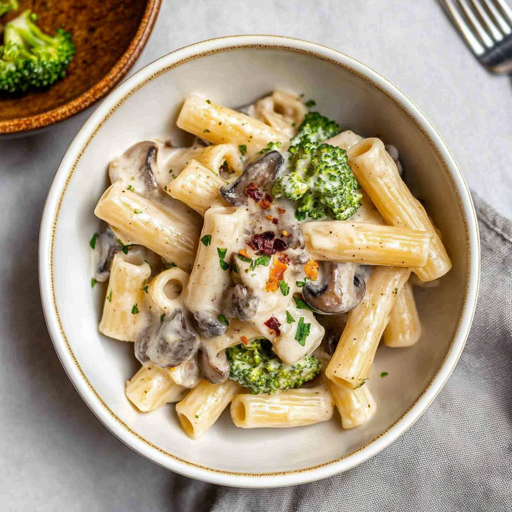 Recipe preparation for vegan mushroom broccoli pasta