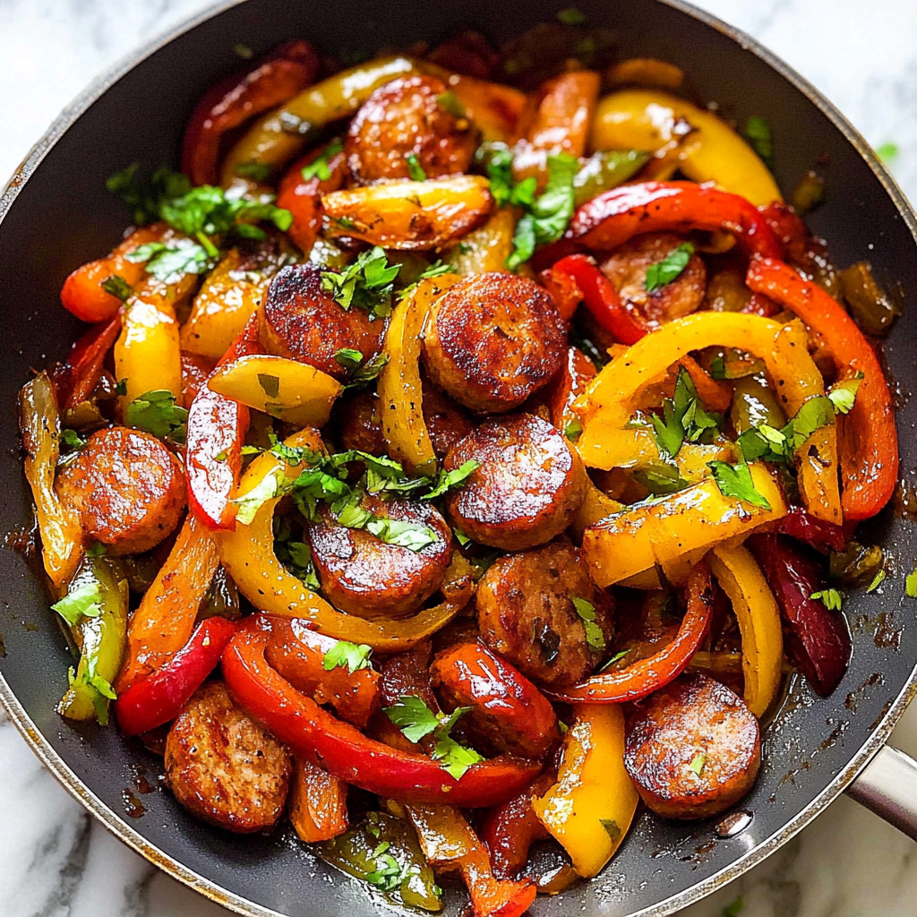 Recipe preparation for Sausage and Peppers Skillet