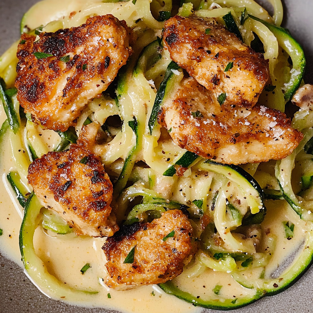 Recipe preparation for chicken alfredo with zucchini noodles