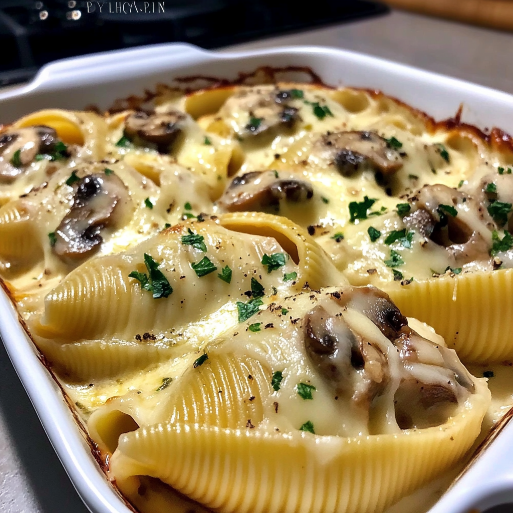 Recipe preparation for Creamy Garlic Mushroom Stuffed Shells