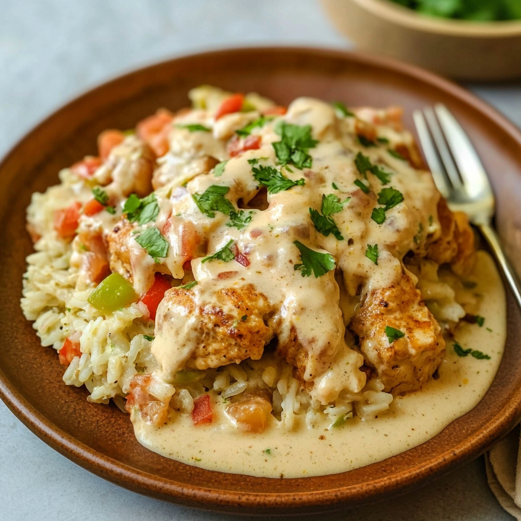 Recipe preparation for queso smothered chicken and rice