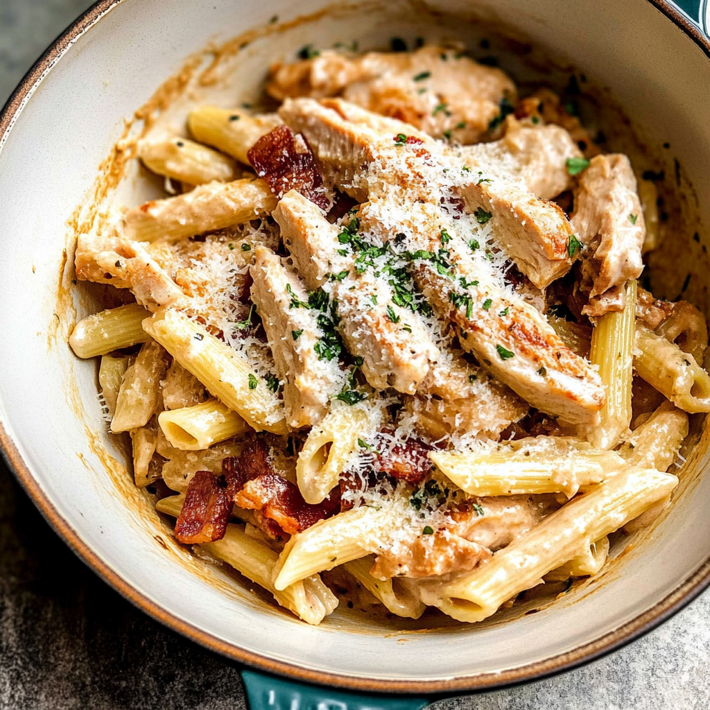 Recipe preparation for creamy chicken and bacon pasta