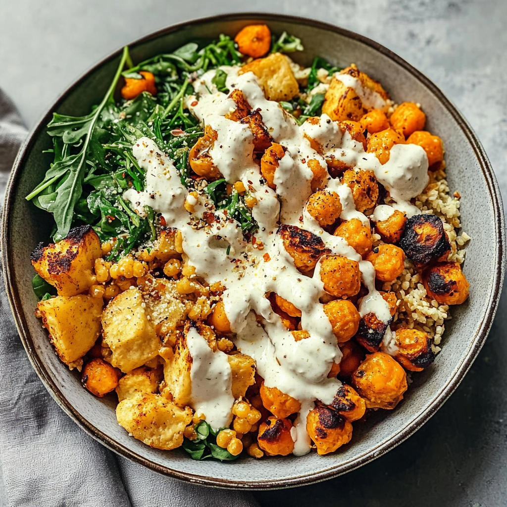 Recipe preparation for Nourish Bowl Recipe with Tahini Yogurt Dressing