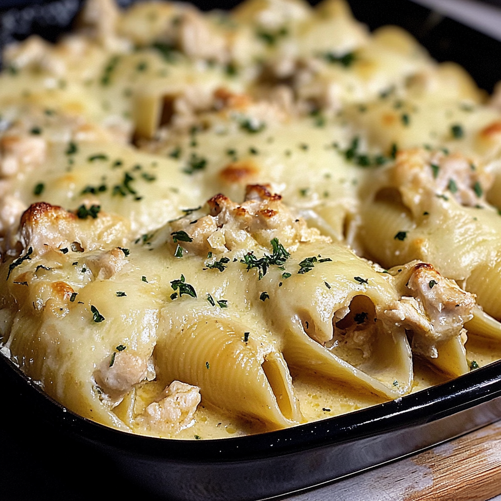 Recipe preparation for garlic butter chicken alfredo stuffed shells