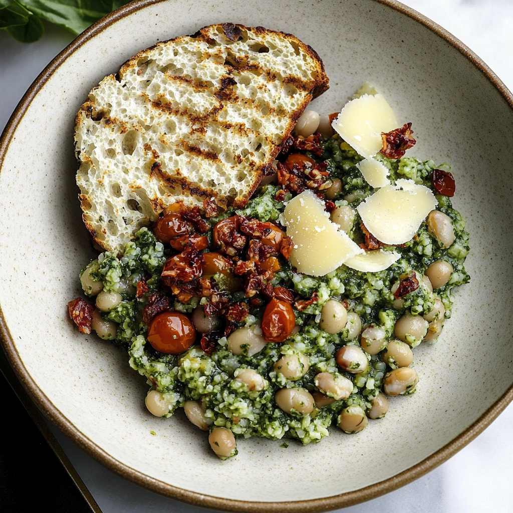 Recipe preparation for Spinach Pesto Butter Bean Lentil Quinoa Bowls with Sun-Dried Tomatoes