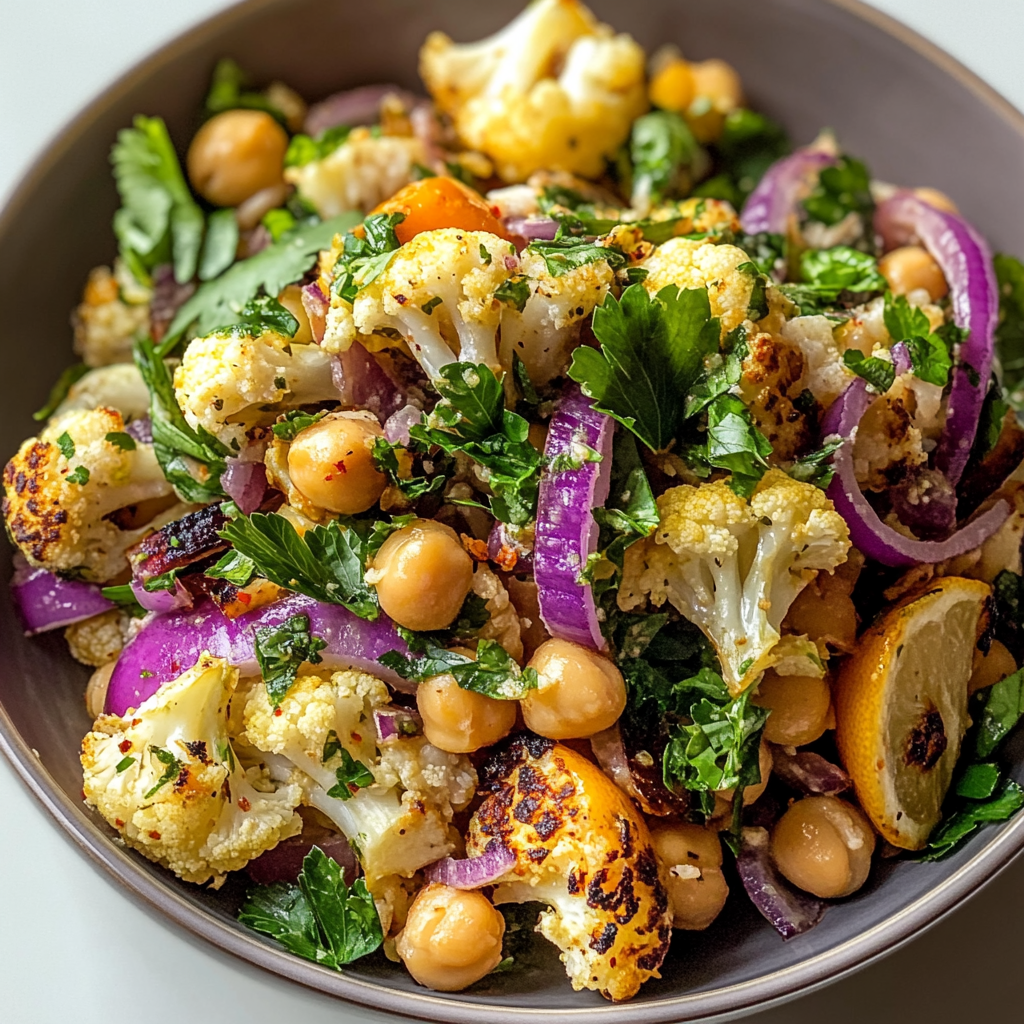 Recipe preparation for chickpea and roasted cauliflower salad with lemon garlic dressing