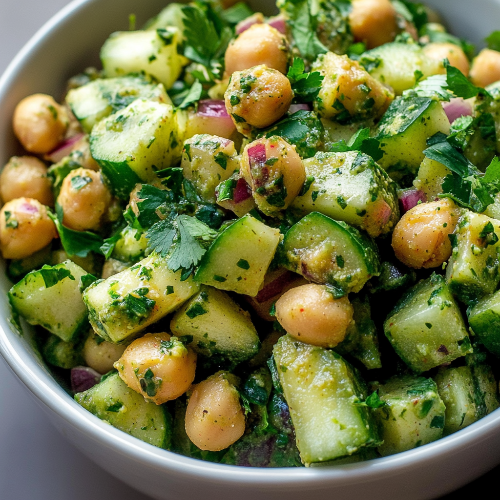 Recipe preparation for avocado, chickpea, and cucumber salad with cilantro dressing