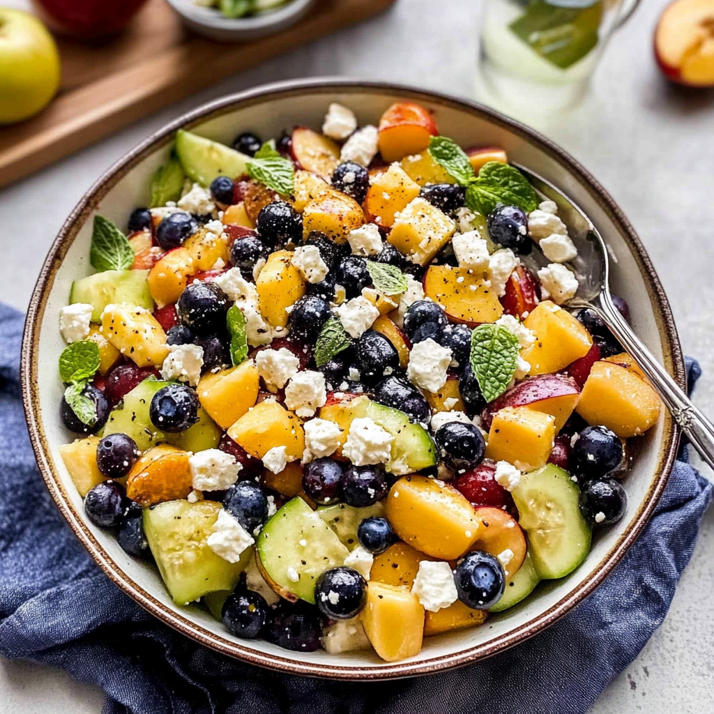 Recipe preparation for Blueberry Peach Feta Salad