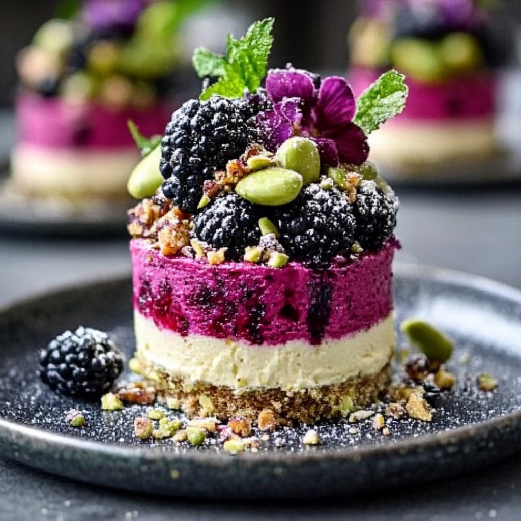 Recipe preparation for Pistachio & Blackberry Cheesecake Towers