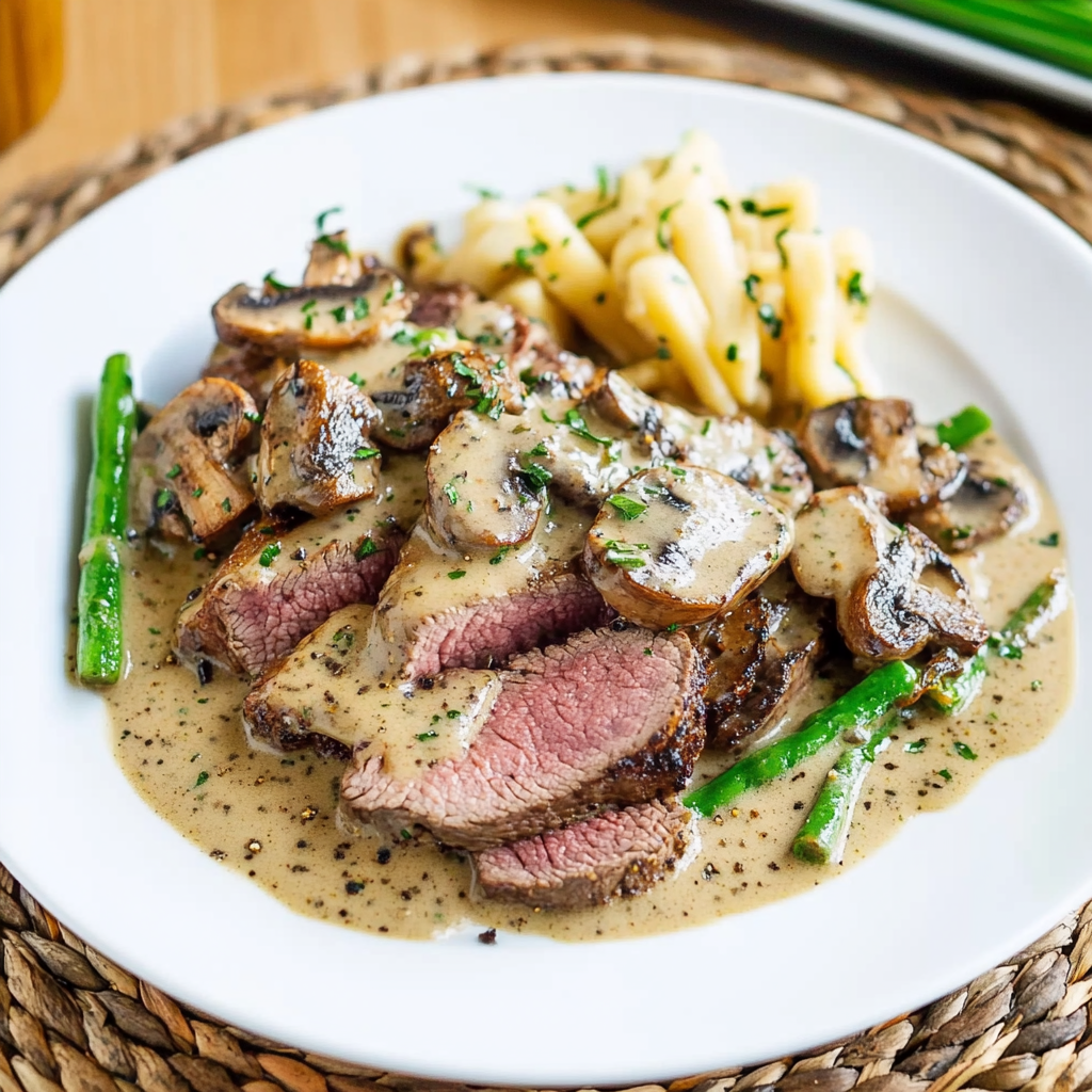 Recipe preparation for Mushroom and Peppercorn Crusted Steak in a Creamy Brie Mushroom Sauce