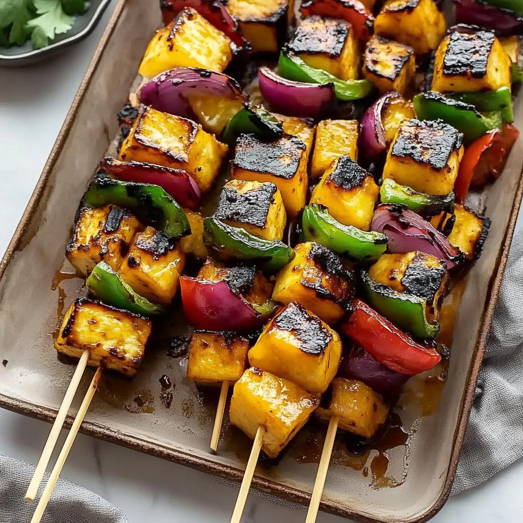 Recipe preparation for tasty grilled pineapple tofu skewers