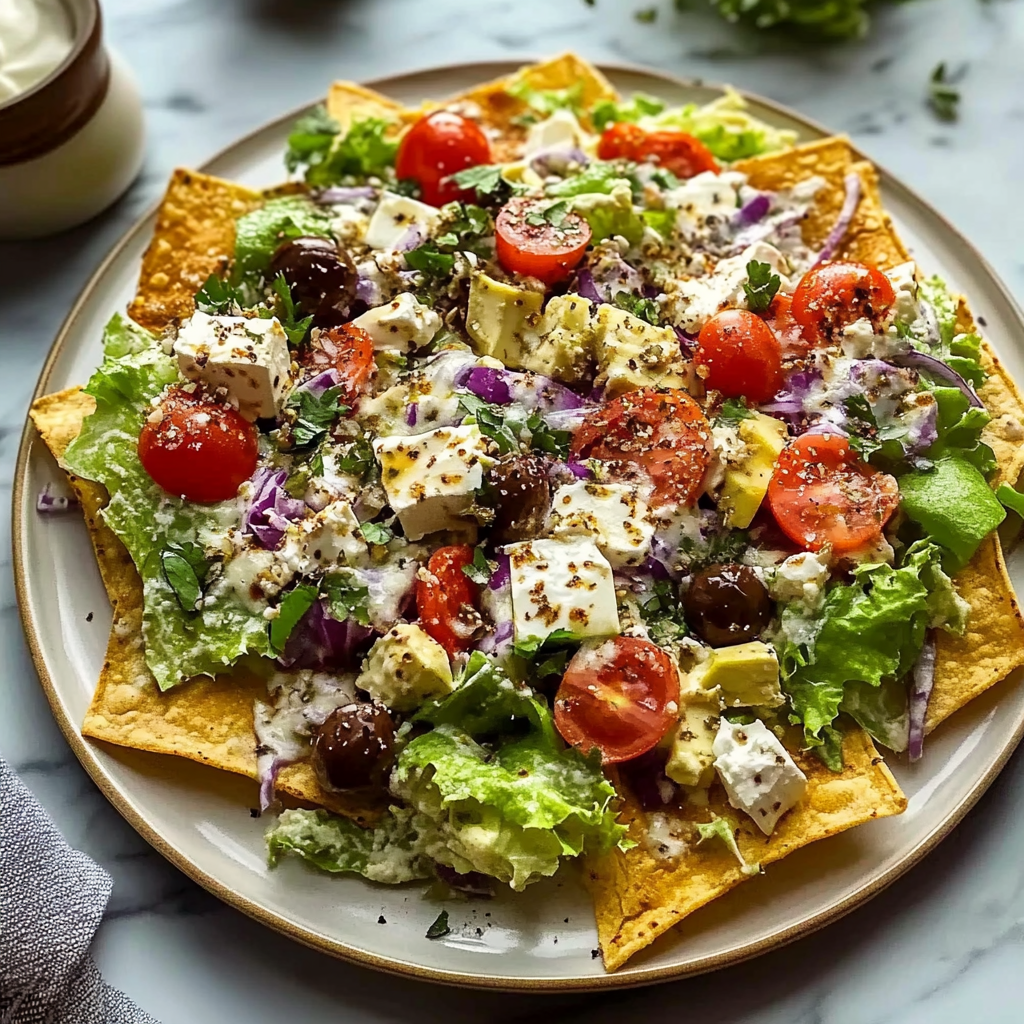 Recipe preparation for greek salad nachos