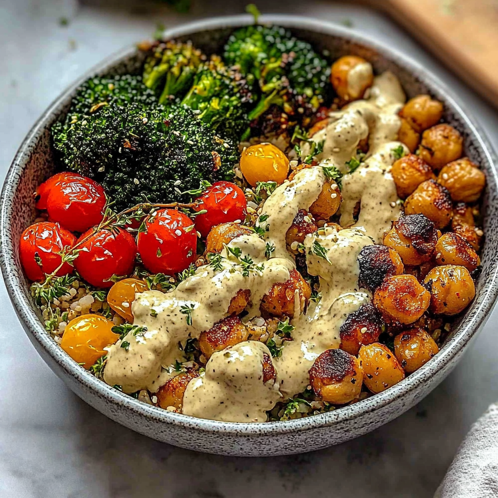 Recipe preparation for roasted veggie chickpea bowls with maple dijon tahini dressing