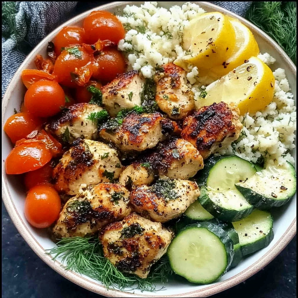 Recipe preparation for mediterranean lemon dill chicken bowls