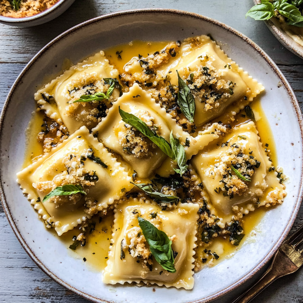Recipe preparation for lemon butter cheese ravioli with garlic basil breadcrumbs