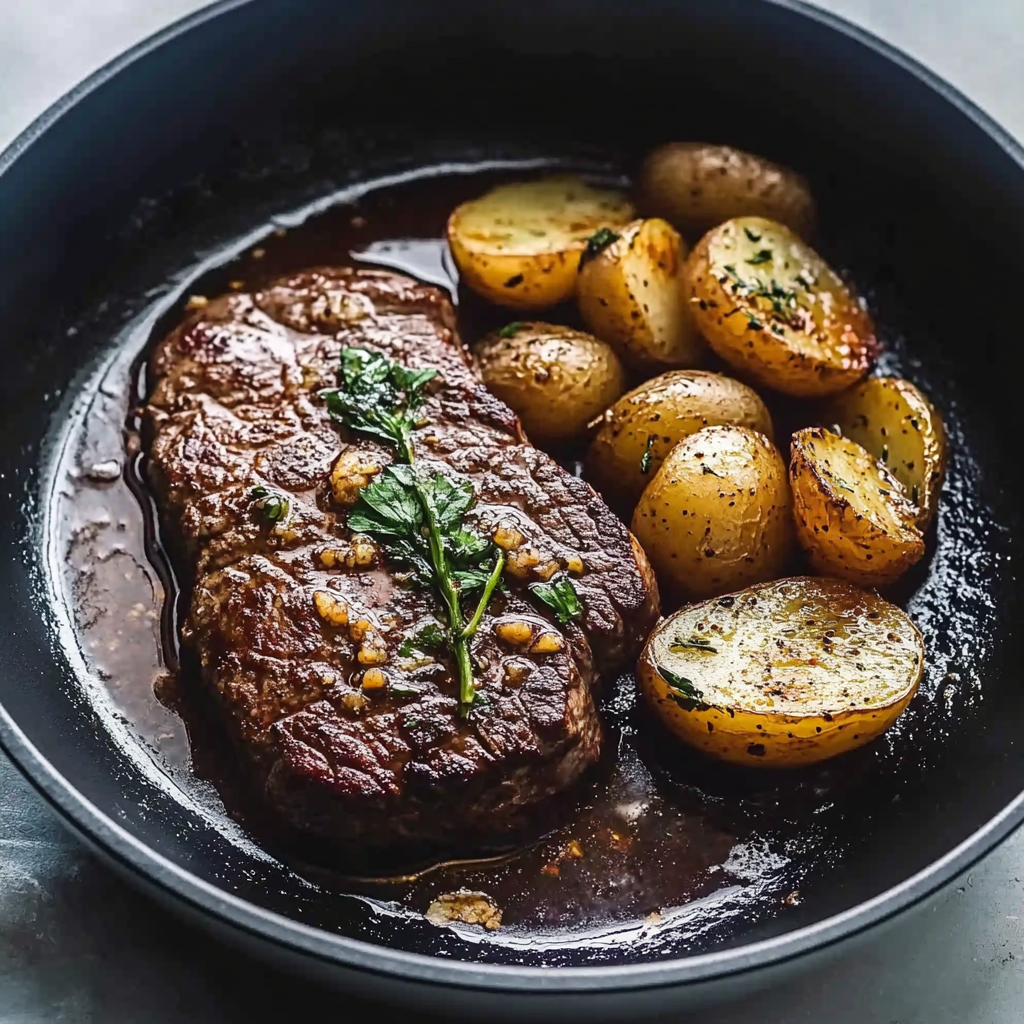 Recipe preparation for Garlic Butter Steak and Potatoes