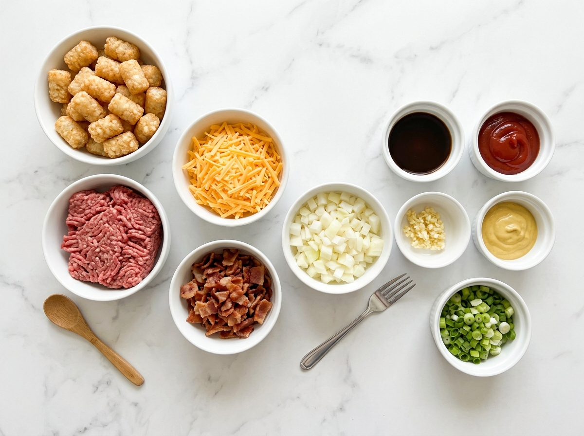 Bacon Cheeseburger Tater Tot Casserole ingredients top-down flat-lay