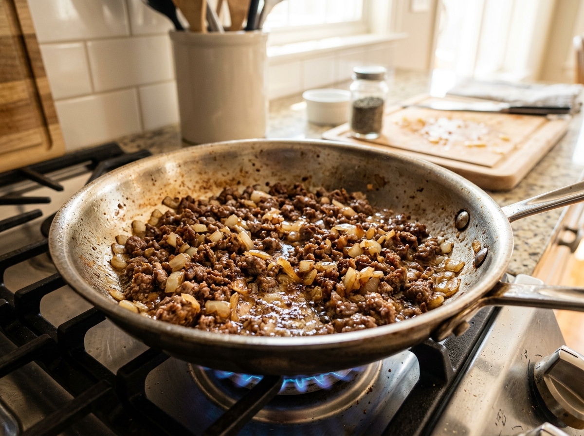 Browning seasoned ground beef in skillet step 1