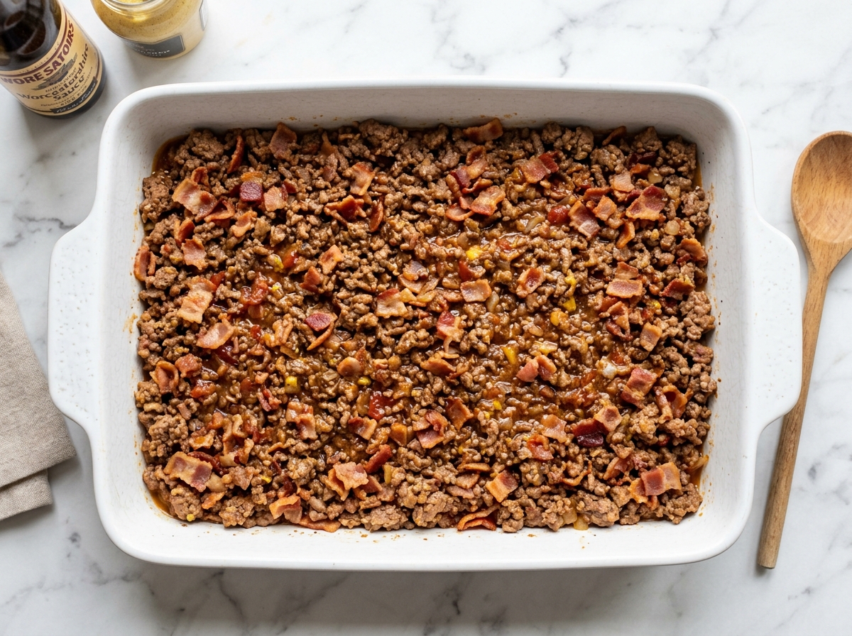 Spreading seasoned burger meat in baking dish step 2
