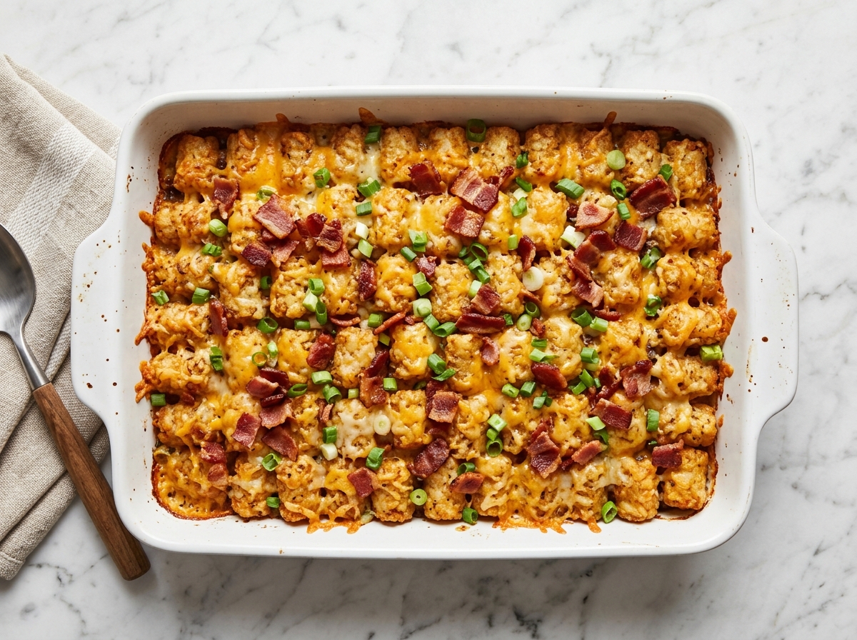 Freshly baked bacon cheeseburger tater tot casserole step 4