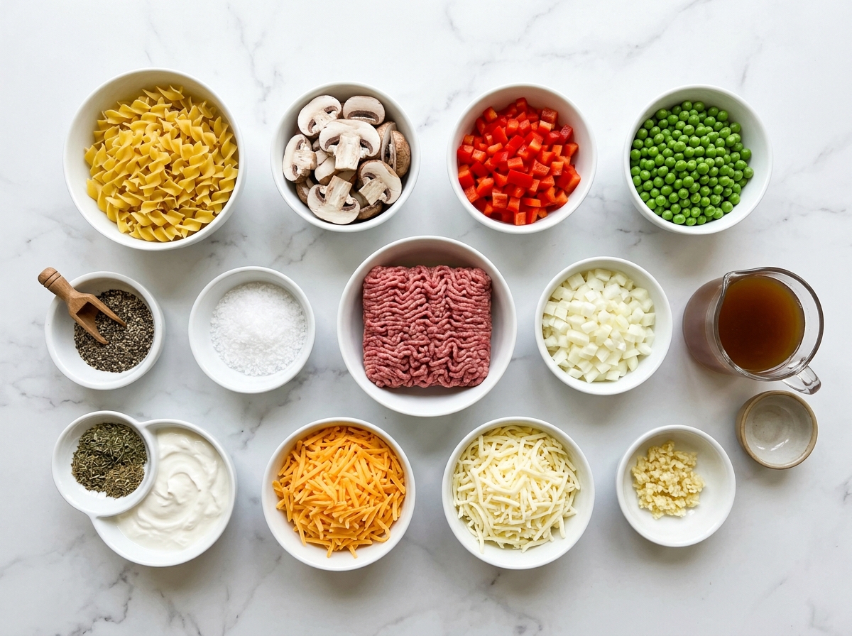 Cheesy Beef & Vegetable Casserole ingredients top-down flat-lay