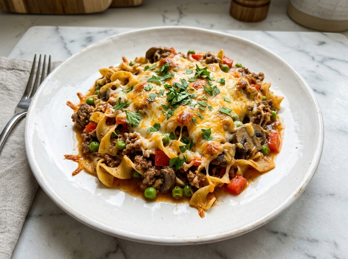Plated portion of Cheesy Beef & Vegetable Casserole showing melted cheese and noodles