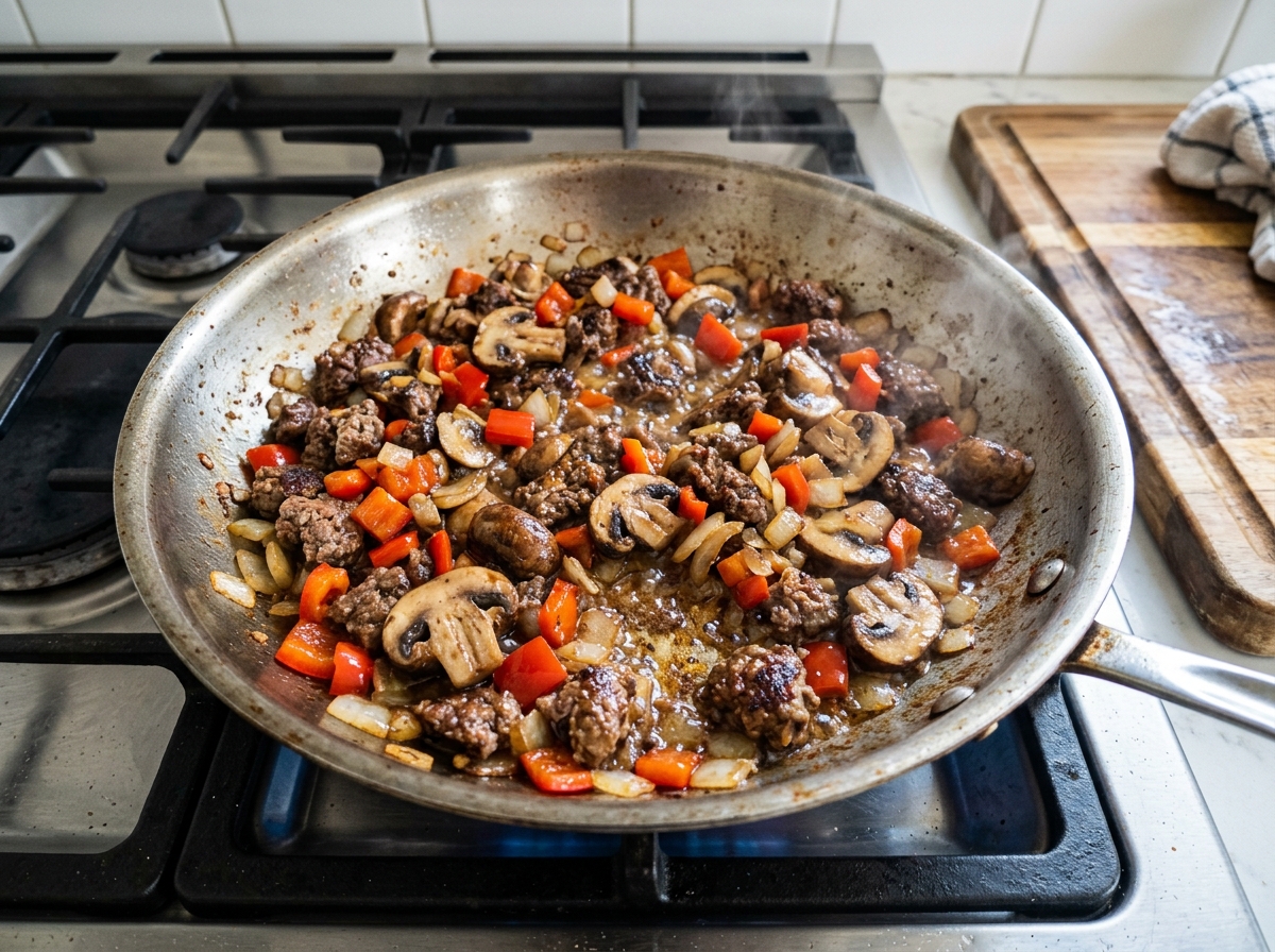 Searing ground beef, sliced mushrooms, and red bell peppers in skillet