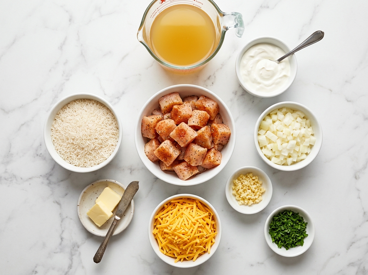 Cheesy Chicken and Rice Casserole ingredients top-down flat-lay