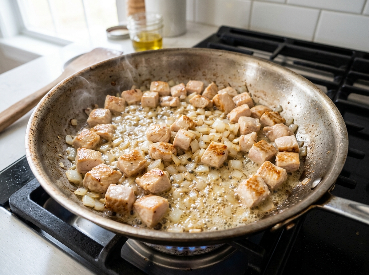 Sautéing chicken and onions in skillet step 1