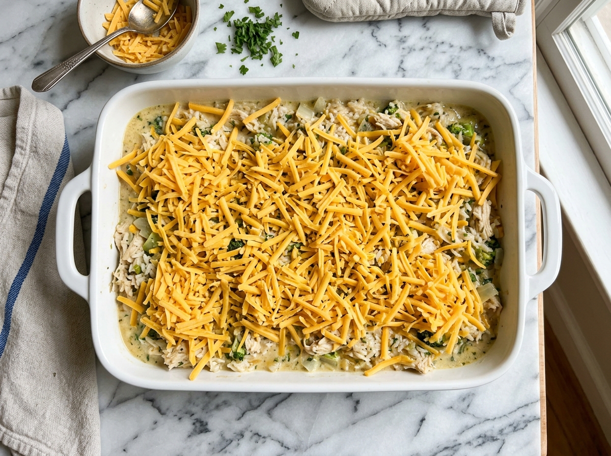 Topping chicken rice casserole with shredded cheddar step 3