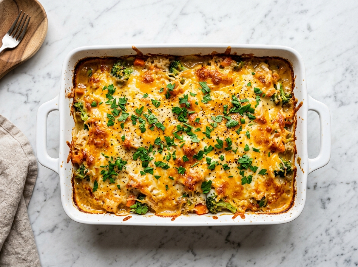 Freshly baked cheesy chicken and rice casserole step 4