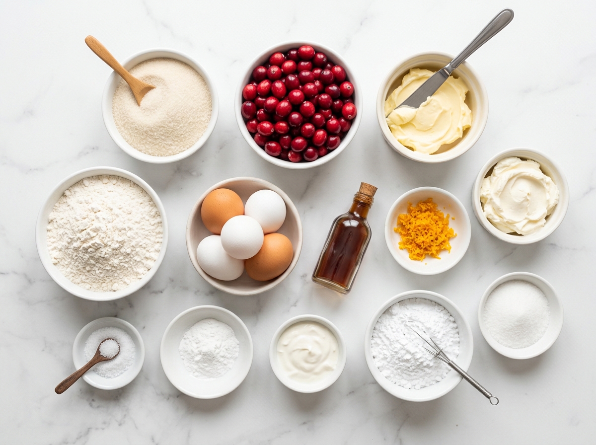 Christmas Cranberry Pound Cake ingredients top-down flat-lay
