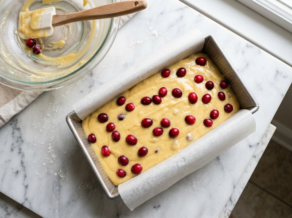 Smooth golden pound cake batter studded with cranberries in loaf pan
