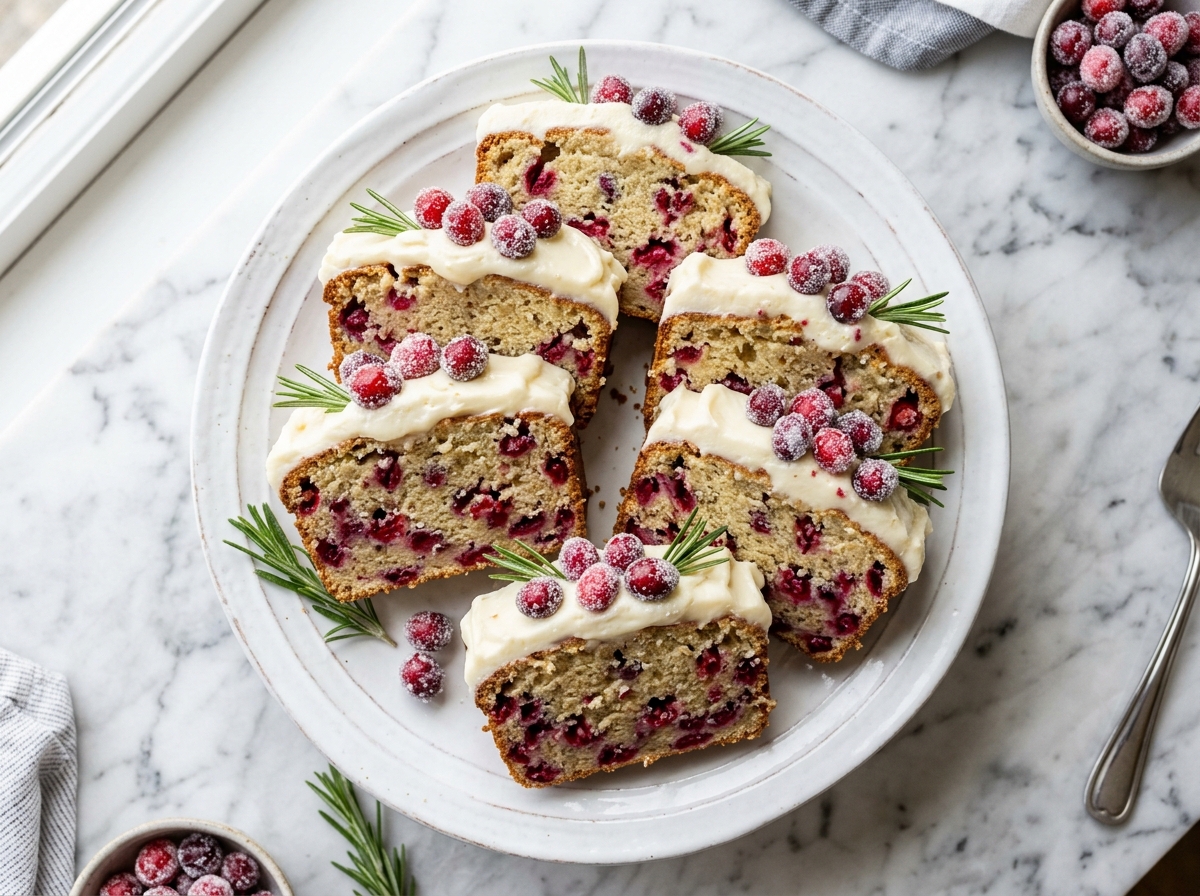 Frosted slices of Christmas Cranberry Pound Cake with sugared cranberries on platter
