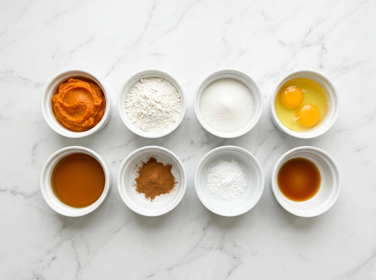 Ingredients for Cinnamon Swirl Pumpkin Bread neatly arranged in small white bowls on a white marble countertop